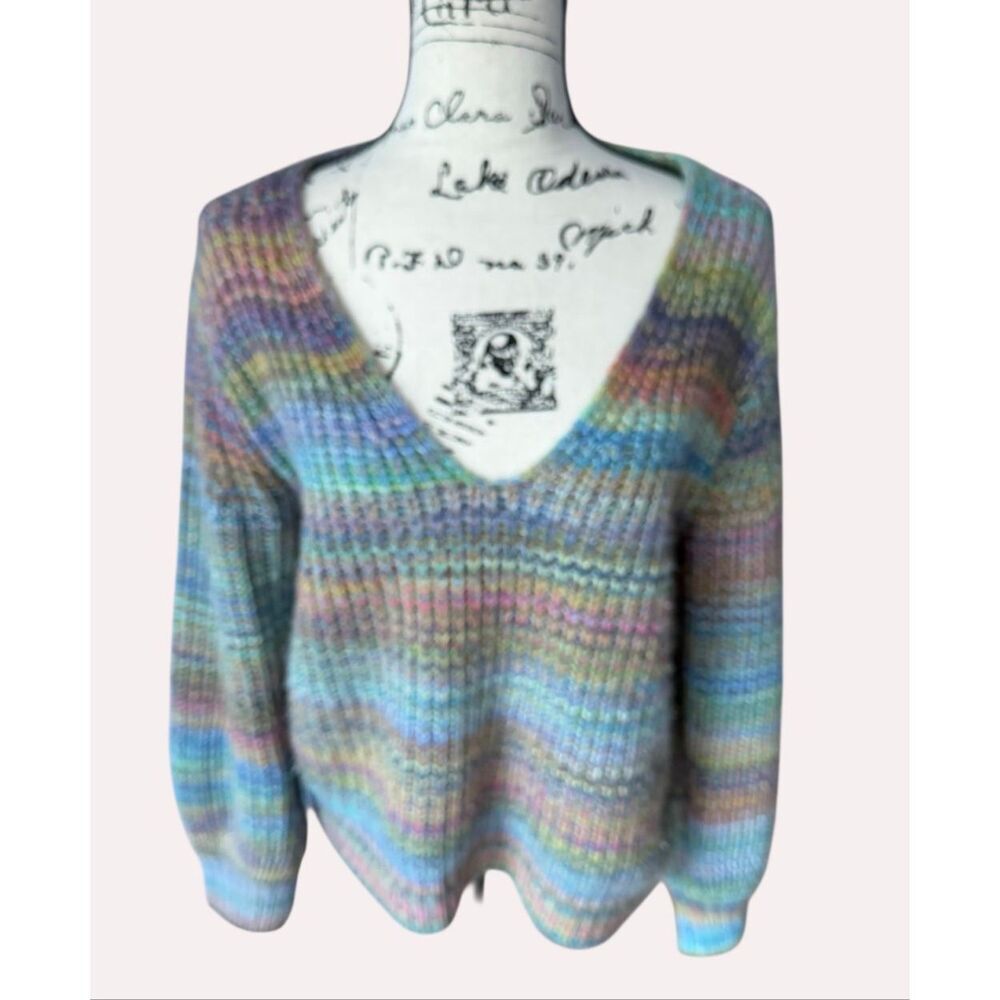 Lou & Grey LOFT Rainbow Knit V-Neck Sweater Medium Ribbed Space Dye Pullover